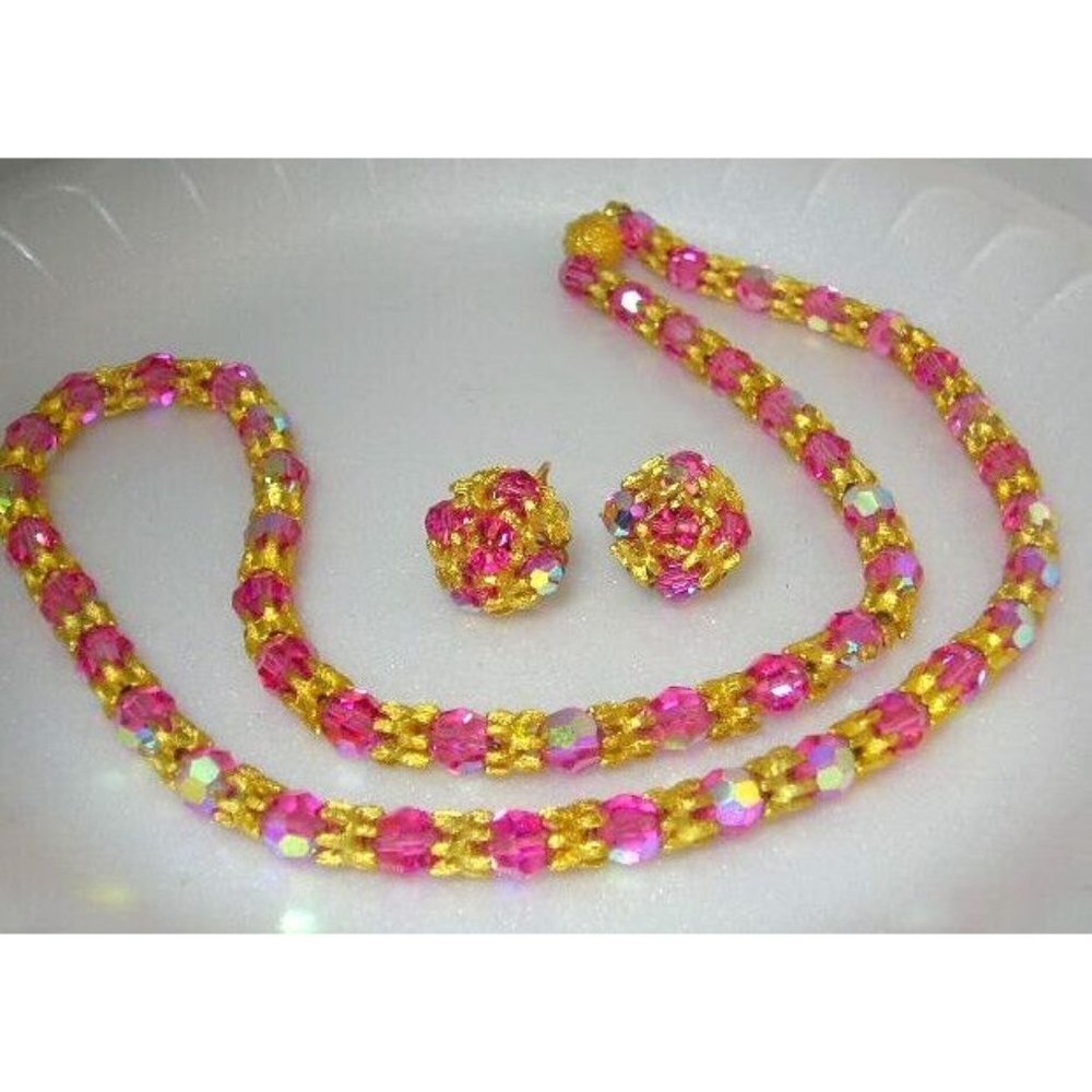 Vintage Costume Jewelry Vogue Pink Glass Crystal Necklace Earrings Set High End